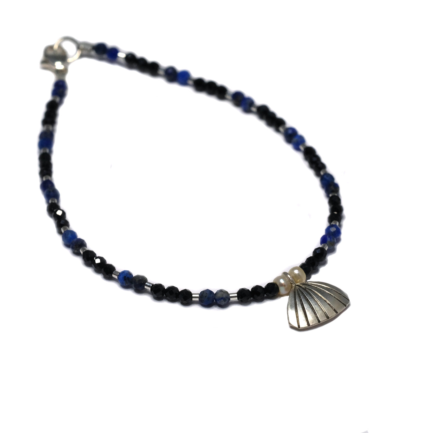 Seashell Silver Bracelet with Lapis Lazuli and Black Tourmaline