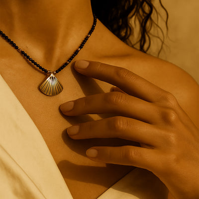Seashell Silver Necklace with Lapis Lazuli and Black Tourmaline
