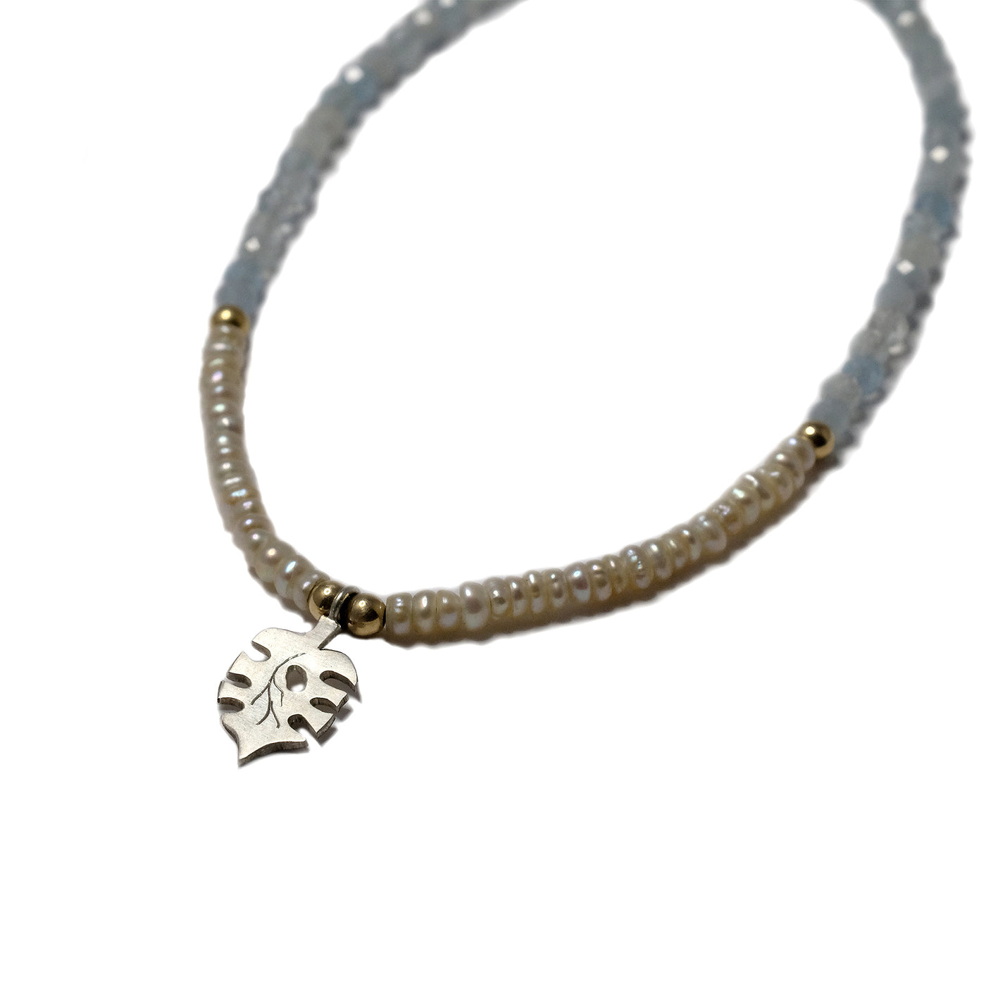Mini monstera pearl and aquamarine silver necklace