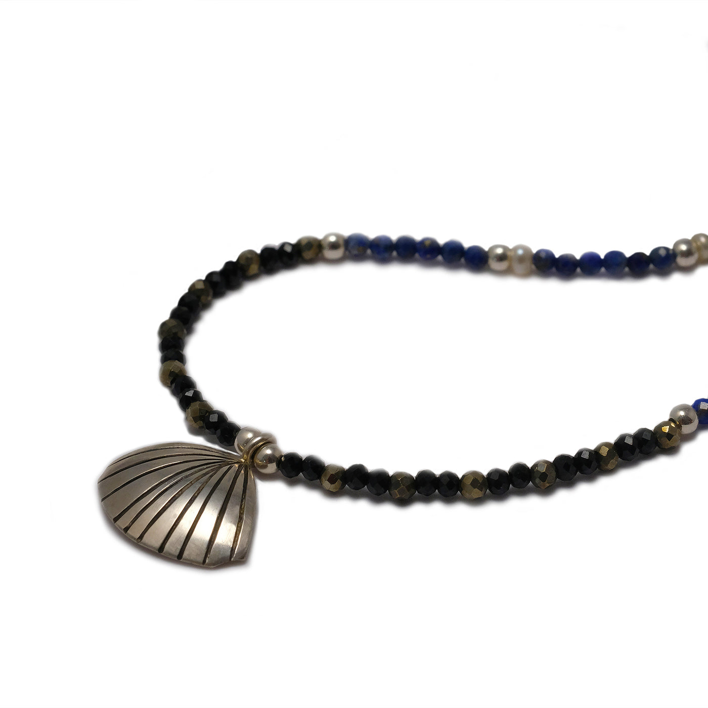 Seashell Silver Necklace with Lapis Lazuli and Black Tourmaline