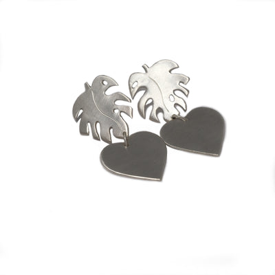 silver Monstera and heart earrings