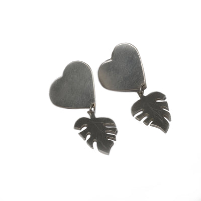 silver heart and monstera earrings